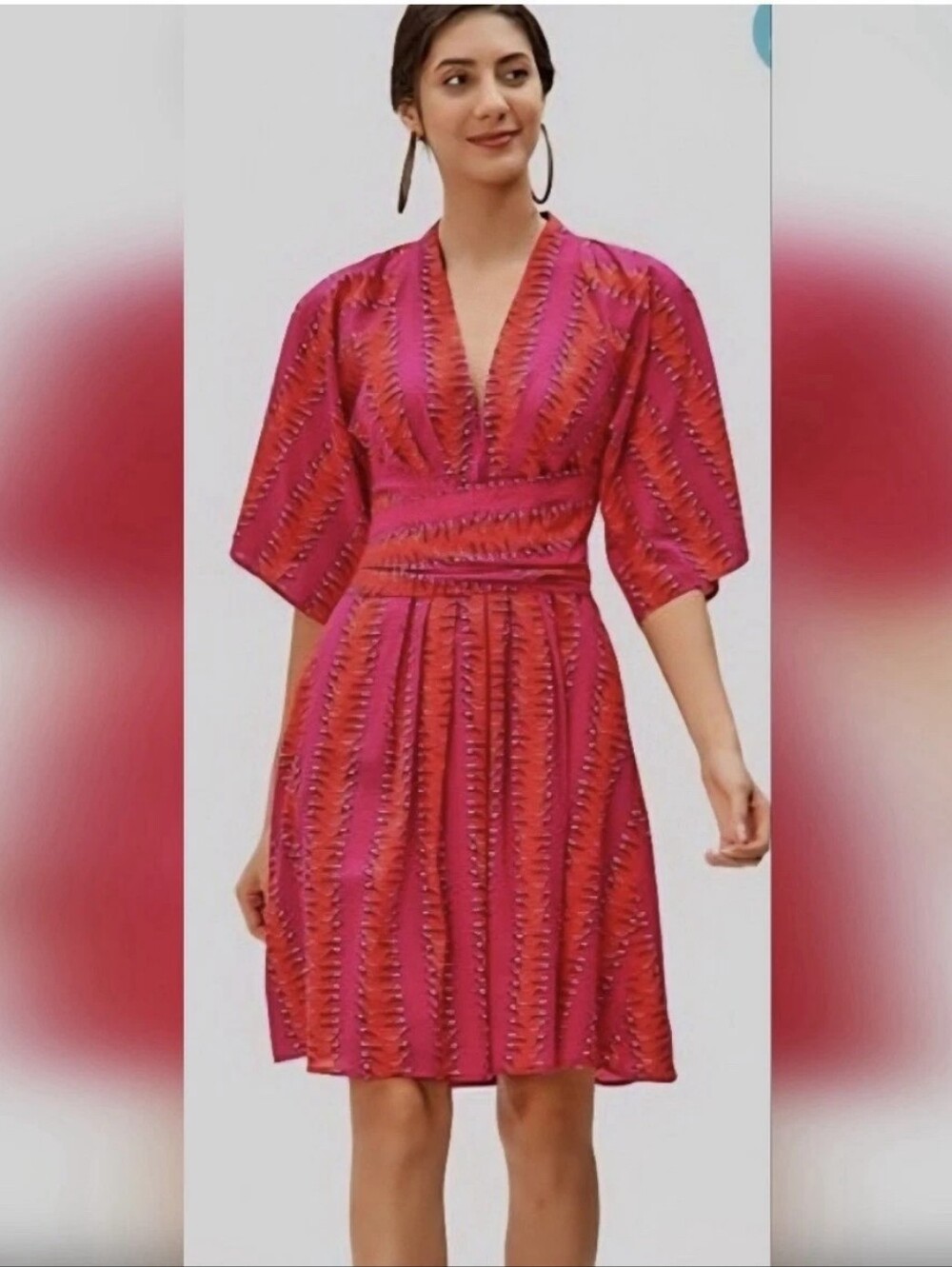 Wayward Fancies 4X -Boho Cotton Dress Pink Red Block Print Tie Waist Midi